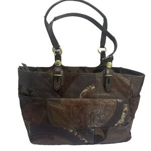 Coach Leather Mosaic Patchwork Chocolate Leopard Brown Shoulder Bag G1093-F15459